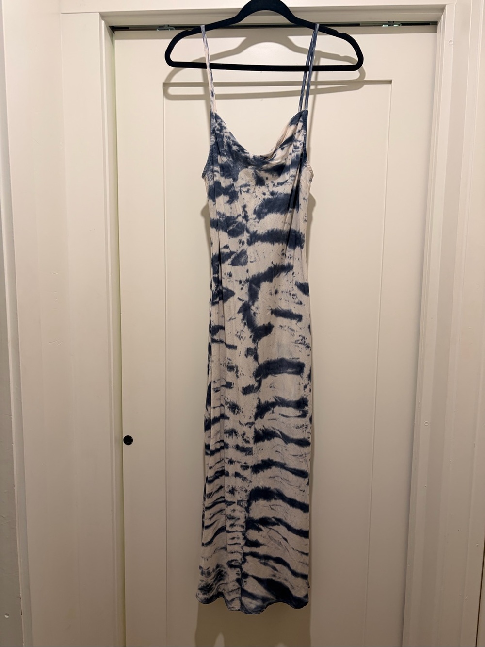 Bella Dhal Tie-Dye Slip Maxi Dress in Navy and White Cowl Neck